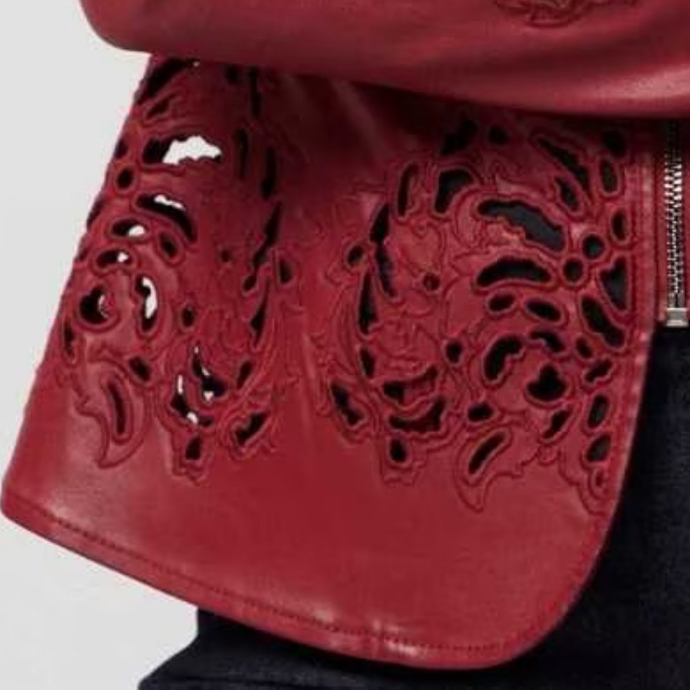 WHBM NWT Cutwork Coated Denim Flirty Jacket Dark Red LEATHER LOOK - Picture 11 of 12